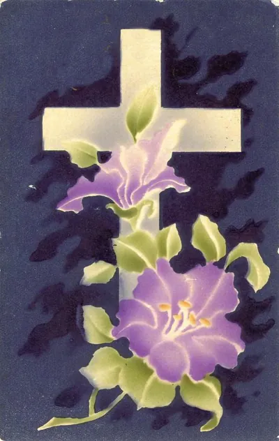White cross with purple lilies on dark blue