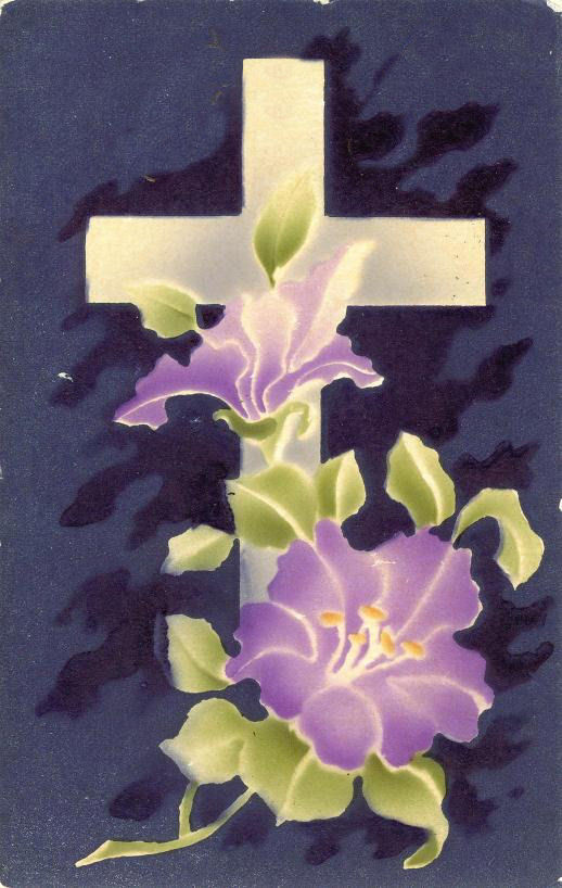 White cross with purple lilies on dark blue — historic image