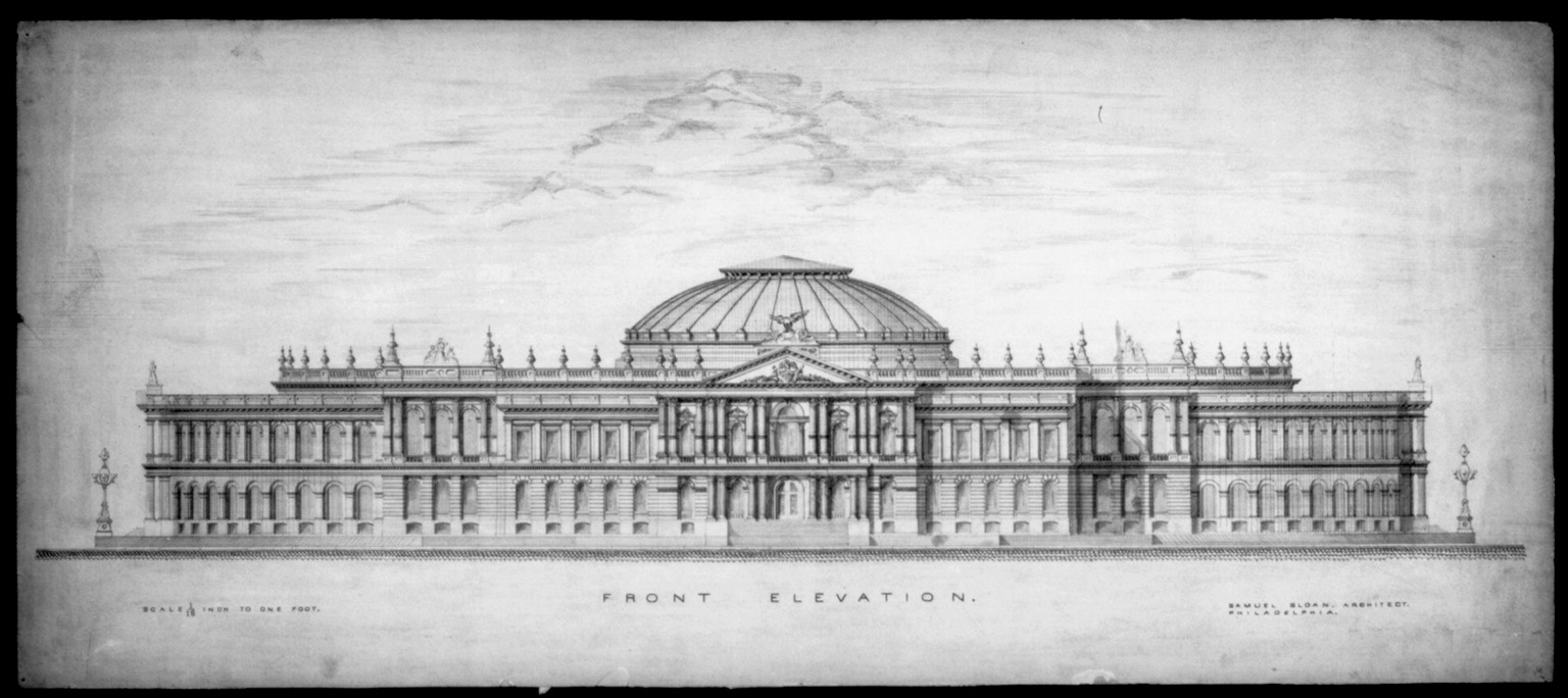 [Library of Congress, Washington, D.C. Front elevation rendering], and Engineering (ADE) Drawings" (http://www.loc.gov/rr/print/res/103_ade.html)." — historic drawing