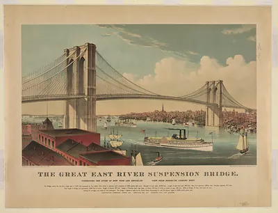 The Great East River Suspension Bridge, lithograph view from Brooklyn
