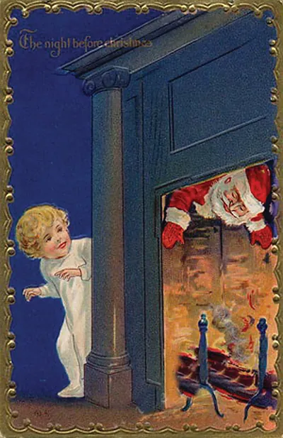 The Night Before Christmas embossed postcard, child and Santa