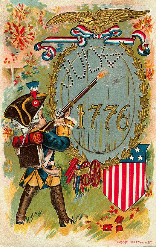 Boy in colonial costume firing musket, 1776 patriotic postcard — vintage postcard