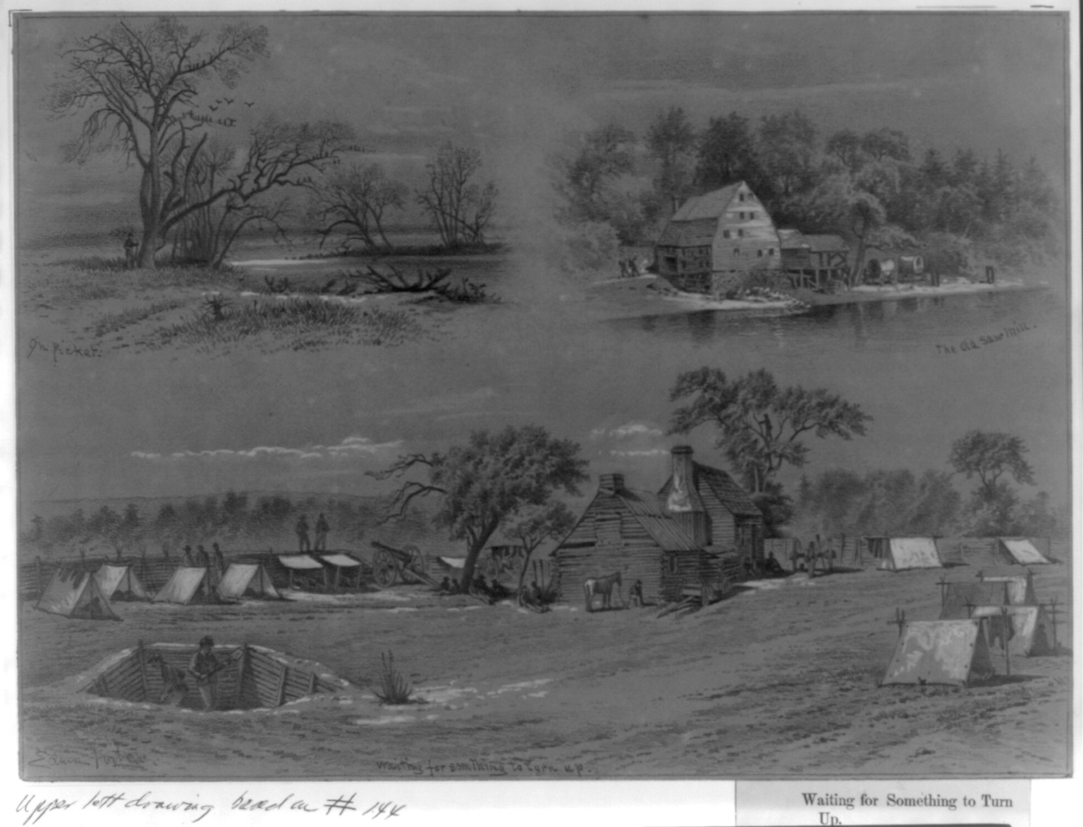 On picket on the river bank, [ca. 1876] — historic drawing