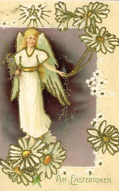 Angel with daisies, Easter card reading 'An Eastertoken'