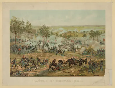 Battle of Gettysburg, color lithograph print of artillery and infantry