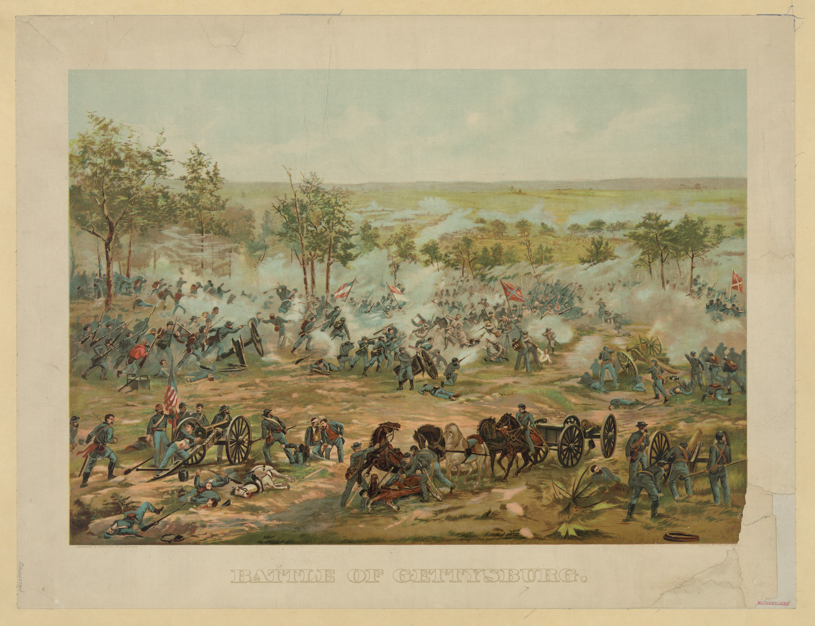 Battle of Gettysburg, color lithograph print of artillery and infantry — antique lithograph