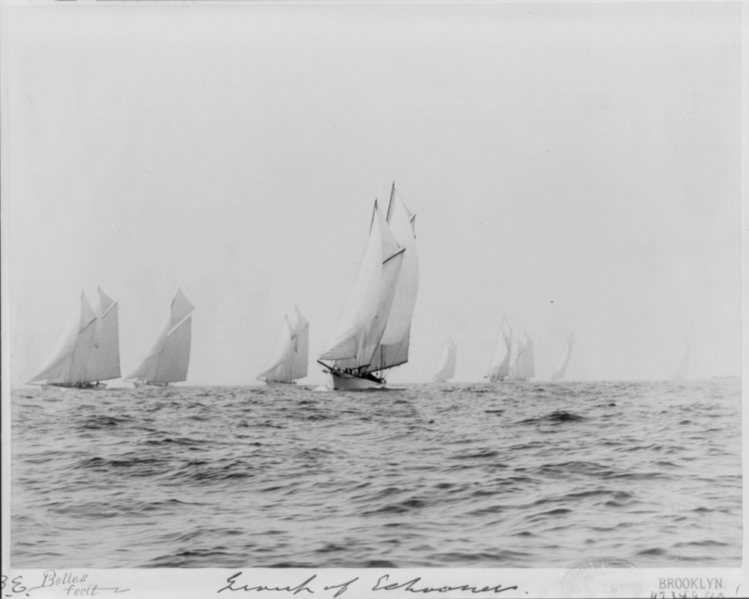 [Sailboats sailing]: Group of schooners, c1898. — historic photograph
