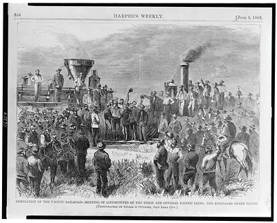 Completion of the Pacific Railroad - meeting of locomotives of the Union and Central Pacific lines: the engineers shake hands