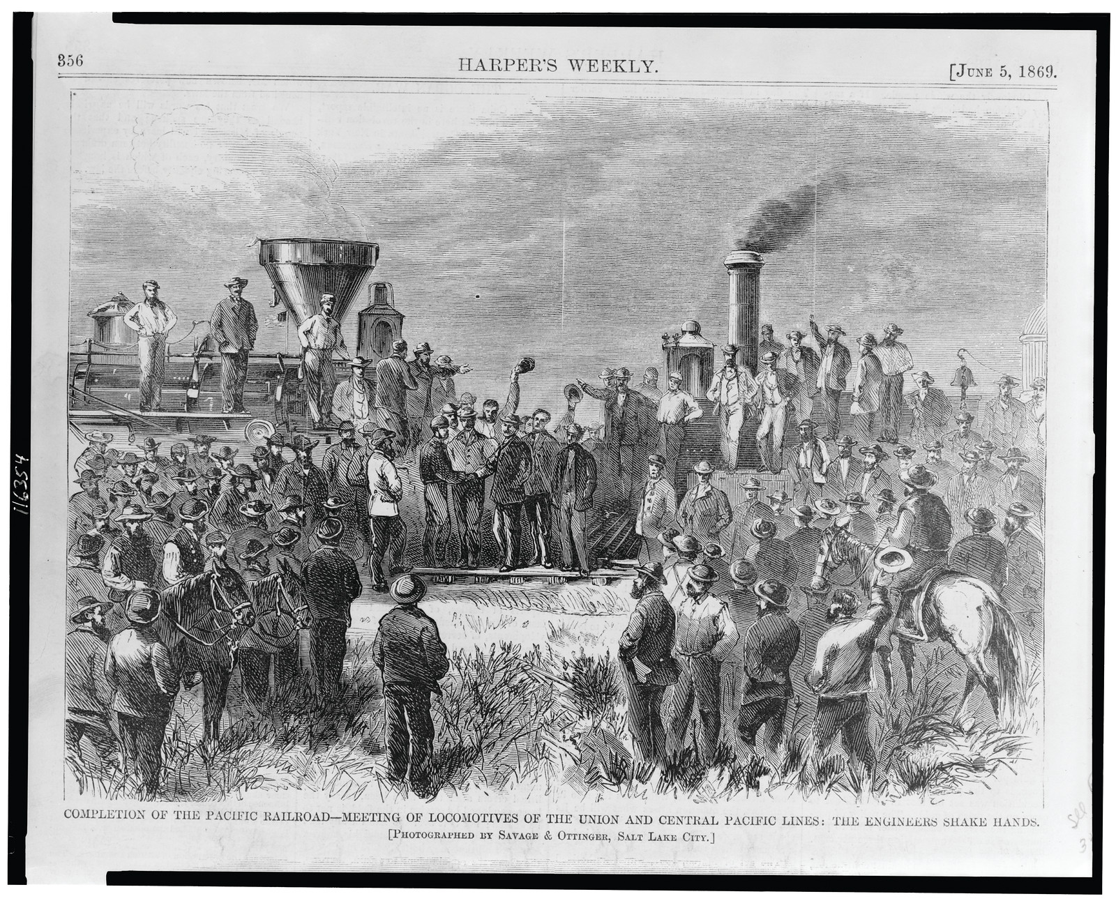 Completion of the Pacific Railroad - meeting of locomotives of the Union and Central Pacific lines: the engineers shake hands, 1869 — antique engraving