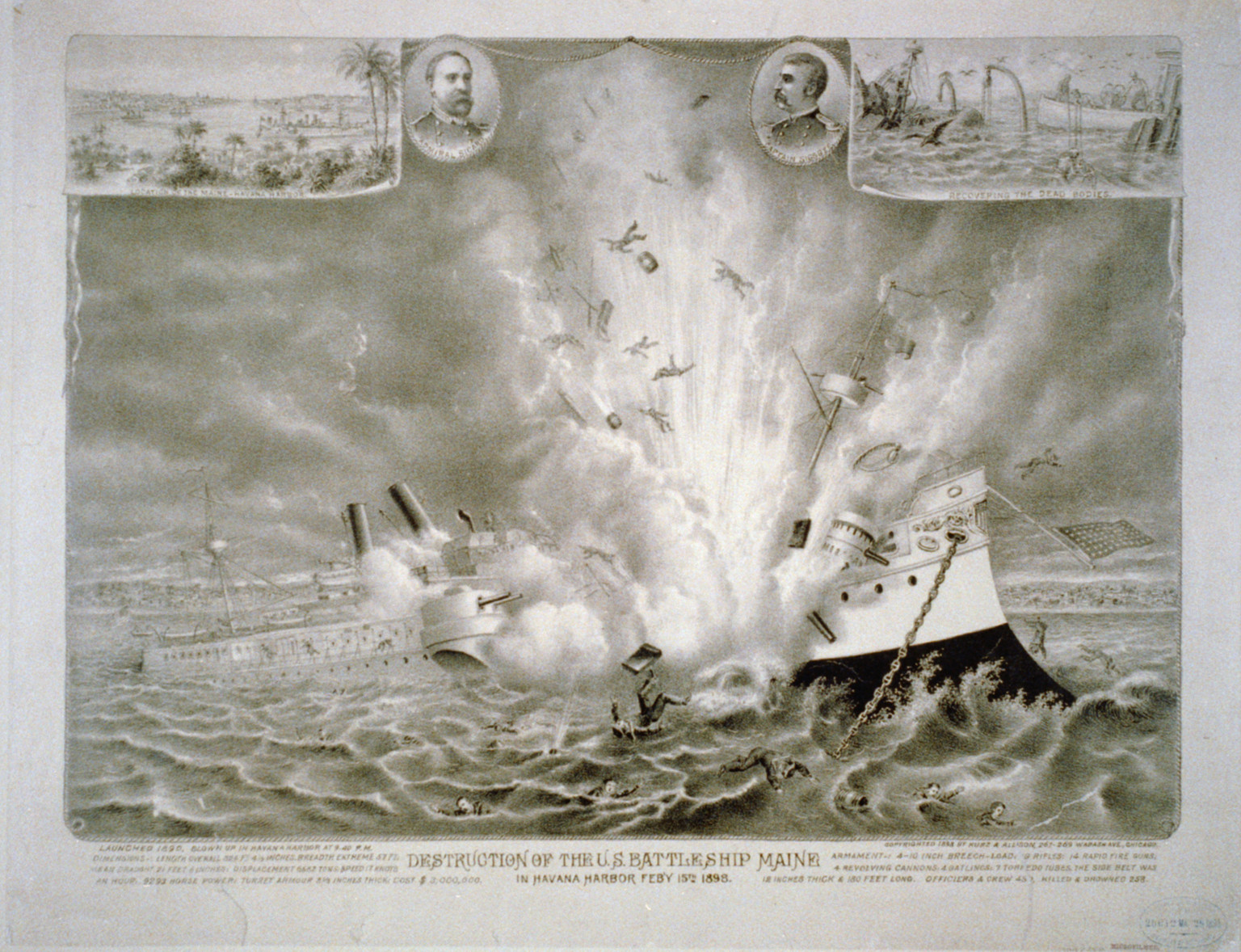 Destruction of the U.S. battleship Maine in Havana Harbor Feby 15th, 1898, c1898. — antique lithograph