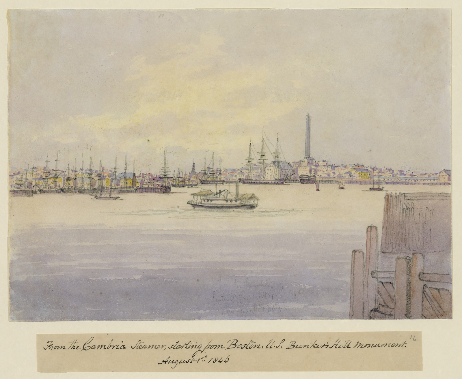 View from Cambria Steamer of Boston Harbor and Bunker Hill Monument, 1846 — historic image