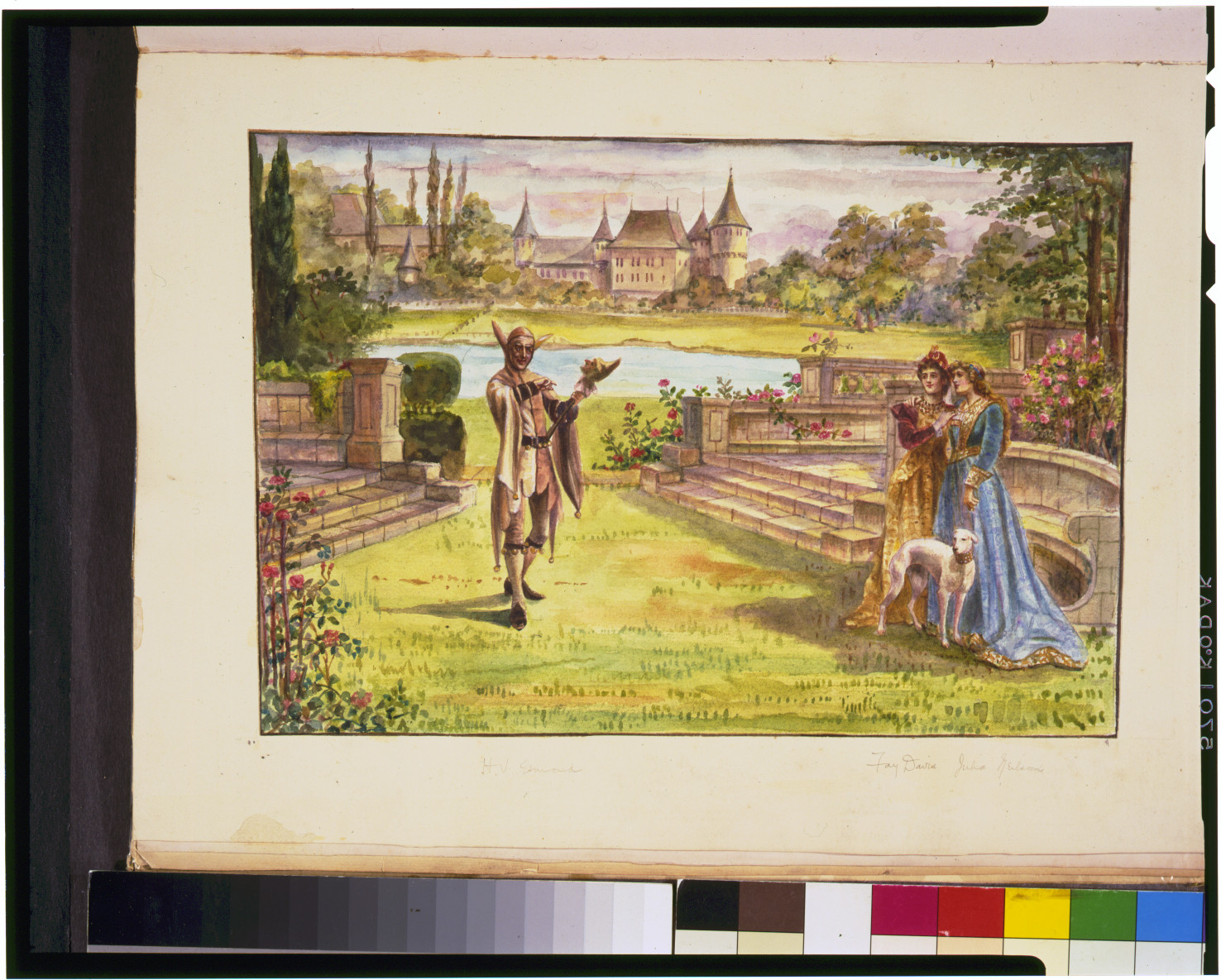 Jester and two ladies with a greyhound in a castle garden — historic image