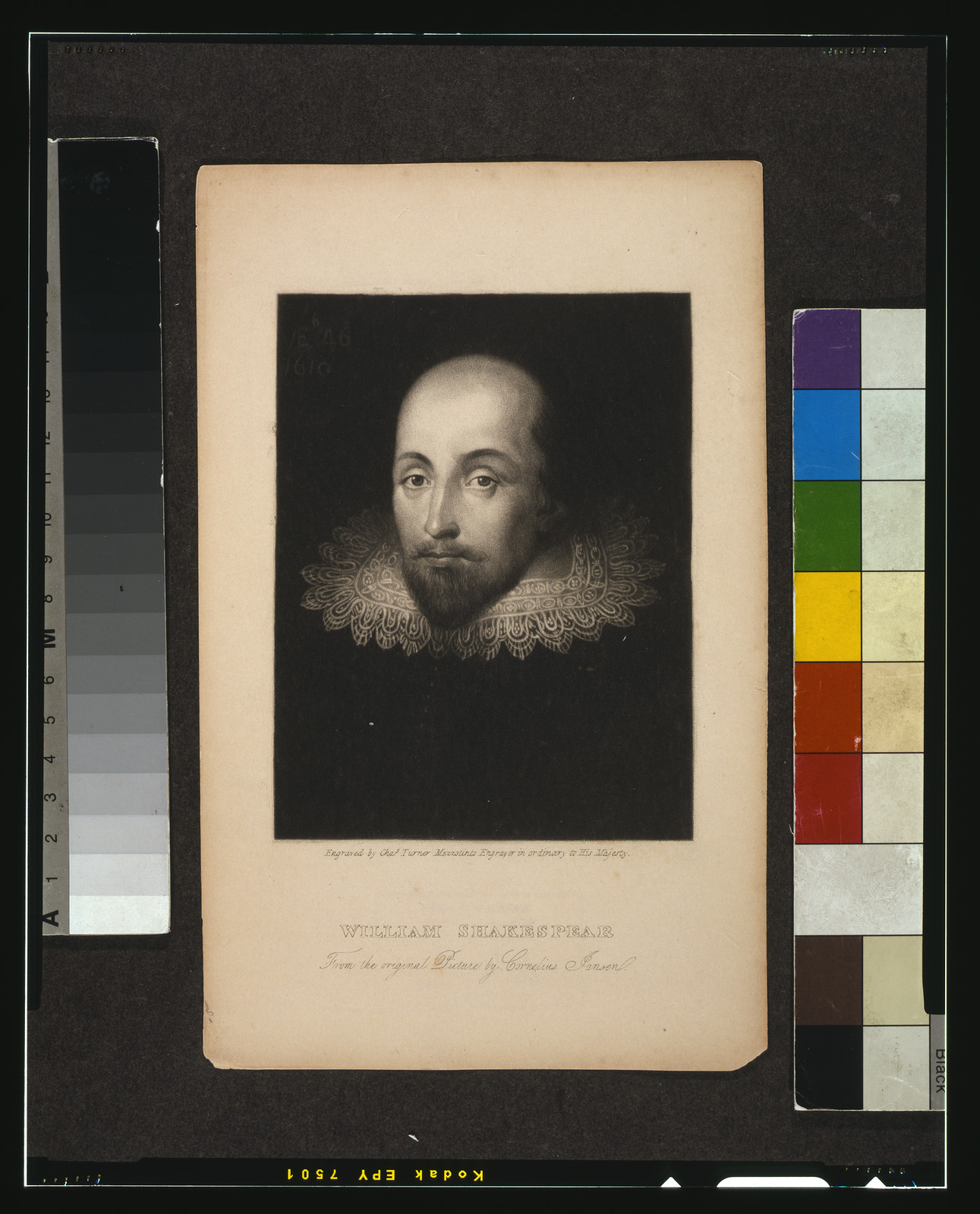 William Shakespear - from the original picture by Cornelius Jansen / engraved by Chas. Turner, Mezzotinto Engraver in ordinary to His Majesty., [181-] — historic print