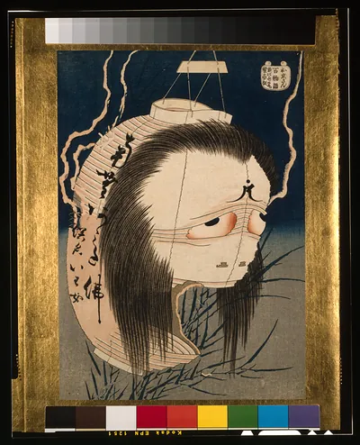 Lantern ghost with long hair, Japanese woodblock print with lightning