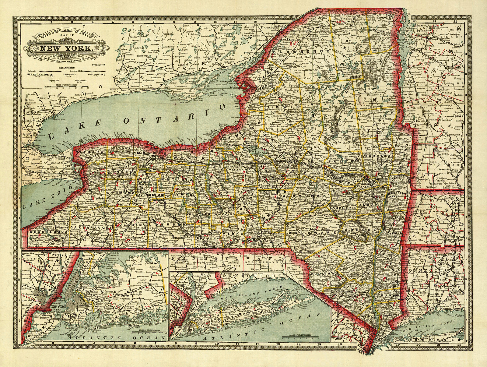 RR Crams township and rail road map of New York., New York, 1888, 1888 — antique map