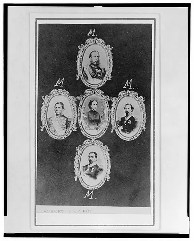 [Five cameo portraits with Empress Carlota in center, then clockwise from top: Emperor Maximilian, Miguel Miramon, Ramon Mendez, and Benito Juárez]