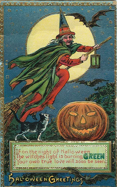 Witch on broomstick with lantern, Halloween greetings postcard