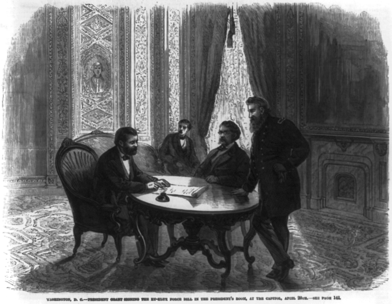Washington, D.C. - President Grant signing the Ku-Klux Force Bill in the President's room with Secretary Robeson and Gen. Porter, at the Capitol, April 20, 1871 — antique engraving