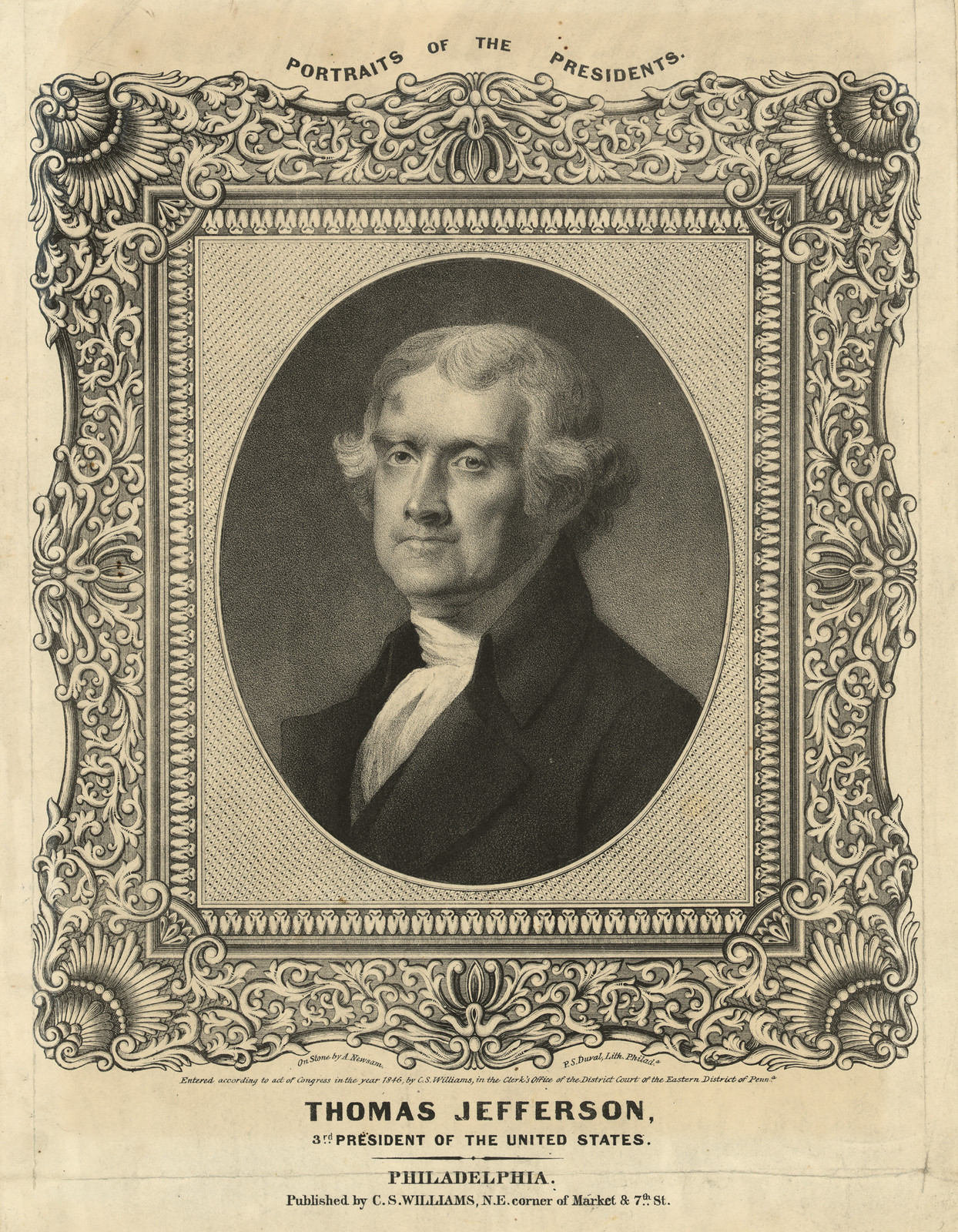 Thomas Jefferson, 3rd President of the United States, c. 1846 — antique lithograph