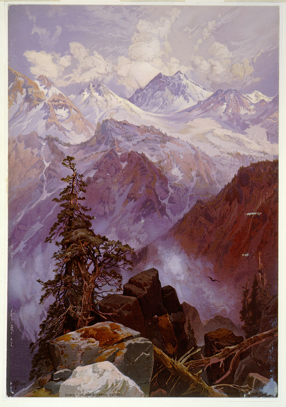 Summit of the Sierras, Nevada / T. Moran ; Prang's American Chromo., c1875. — antique lithograph