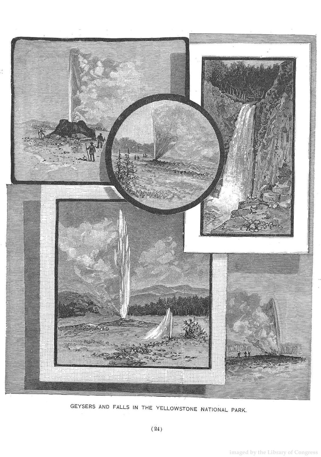 Geysers and falls in the Yellowstone National Park — historic image