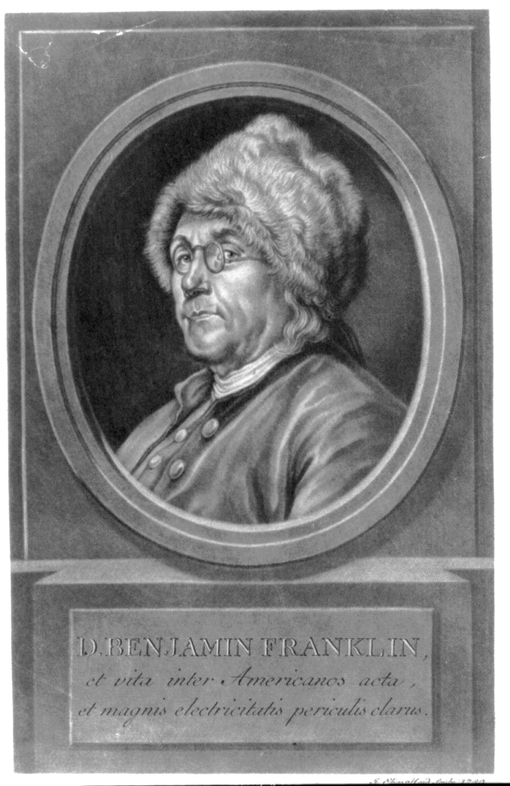 D. Benjamin Franklin, et vita inter Americanos acta, et magnis electricitatis periculis clarus / J. Elias Haid sculp., 1780., 1780 — historic print