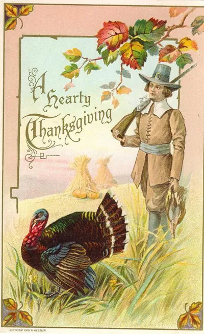 A Hearty Thanksgiving postcard with pilgrim and turkey