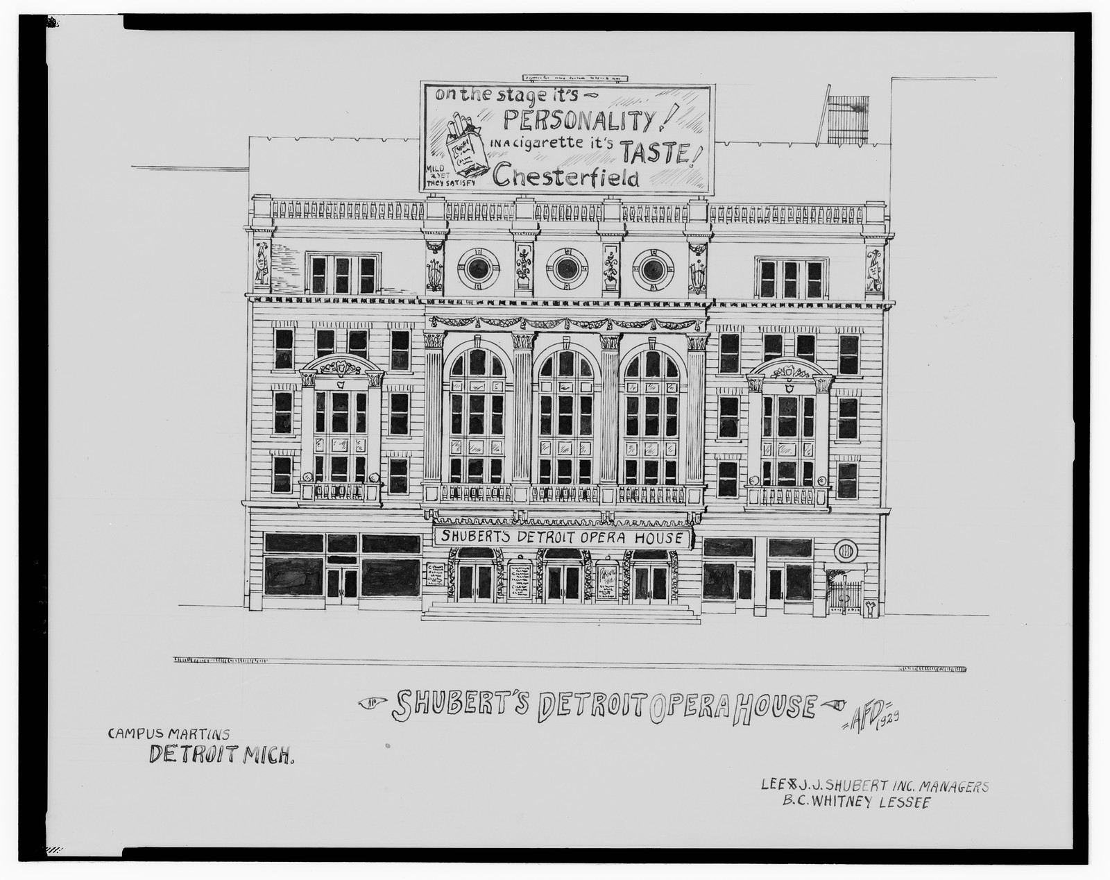 [Shubert's Detroit Opera House, Campus Martins, Detroit, Michigan] / AFD 1929., And Engineering (ADE) Drawings — vintage poster