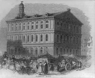Faneuil Hall engraving with market scene, Boston