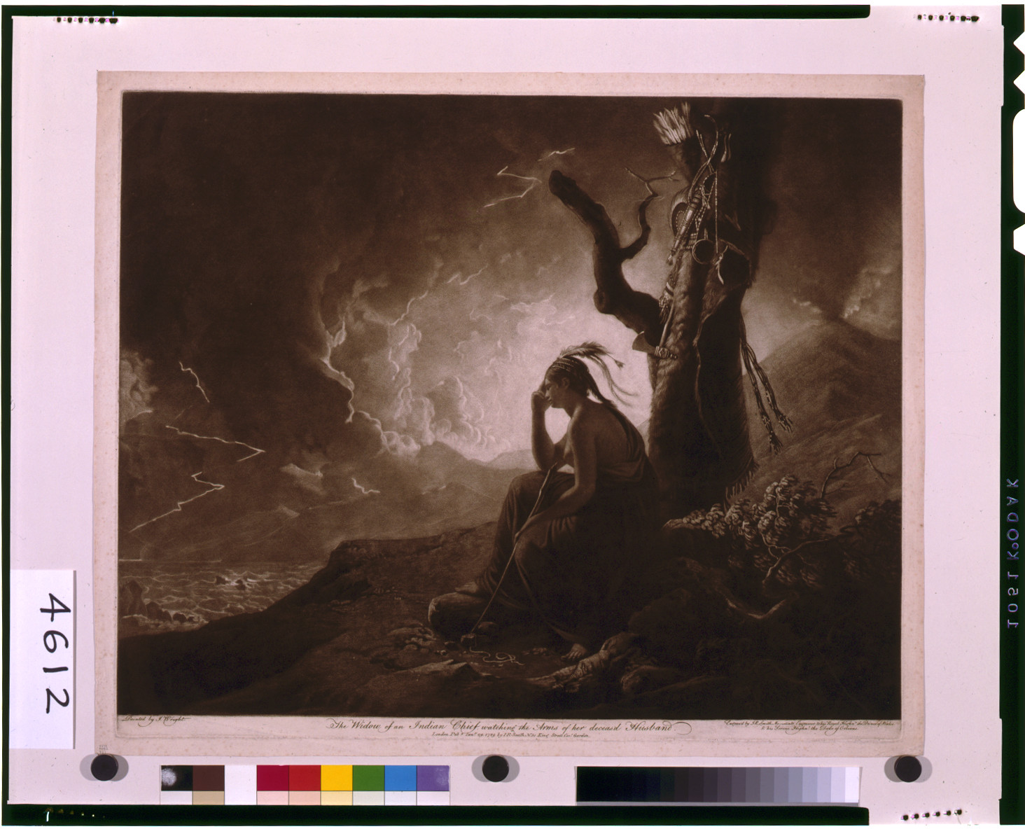 The widow of an Indian chief, watching the arms of her deceas'd husband / painted by J. Wright ; engraved by J.R. Smith., London : J.R. Smith, 1789 January 29. — historic print