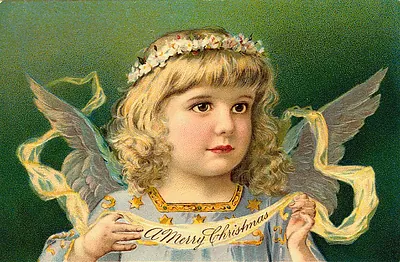 Angel child with banner reading A Merry Christmas