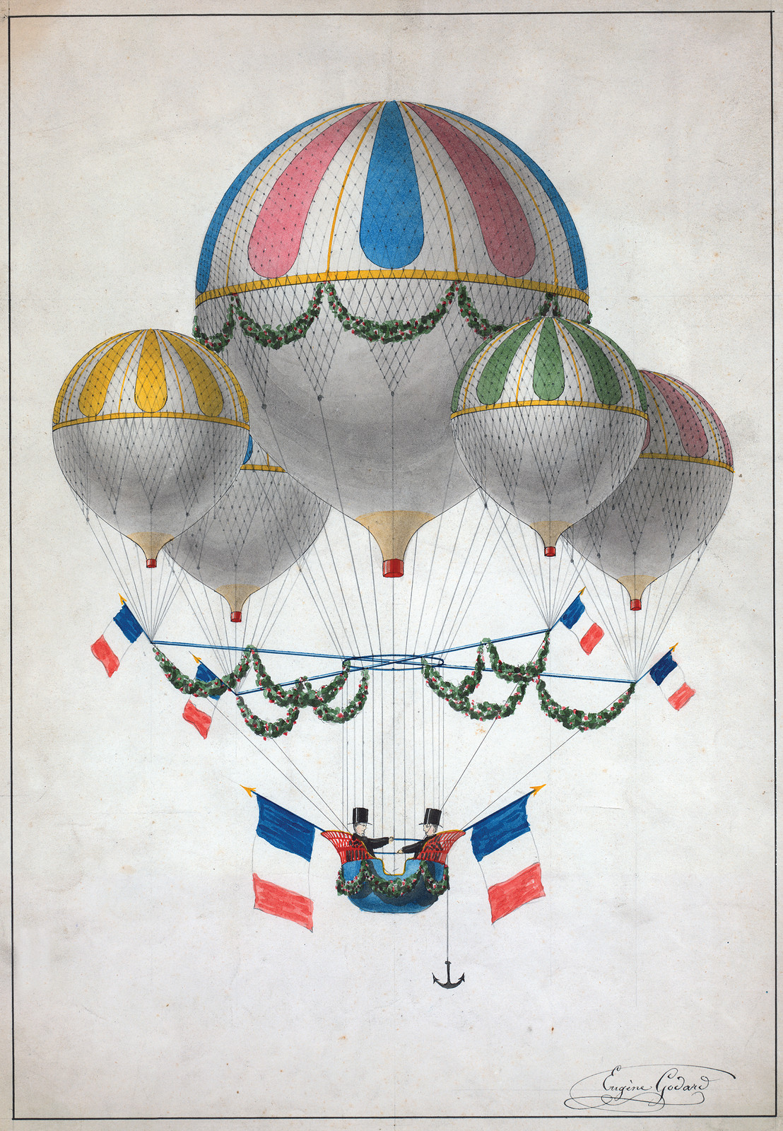 Painted cluster of hot-air balloons with French tricolour flags — historic image