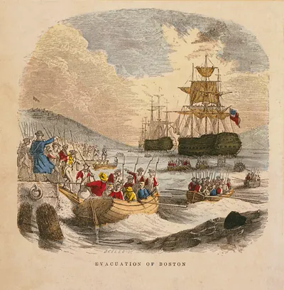 Evacuation of Boston, hand-colored engraving with ships and boats