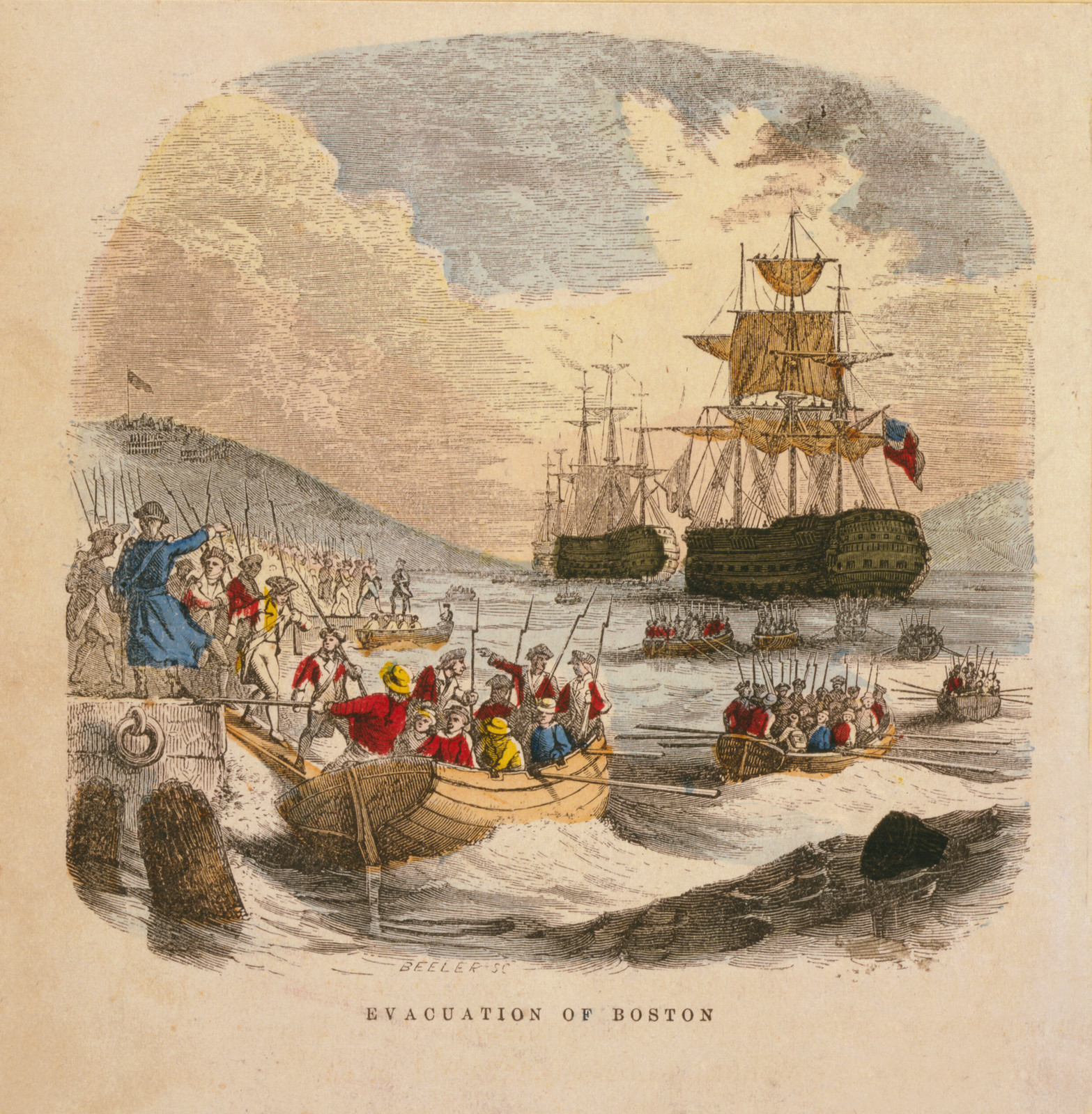 Evacuation of Boston, hand-colored engraving with ships and boats — antique engraving