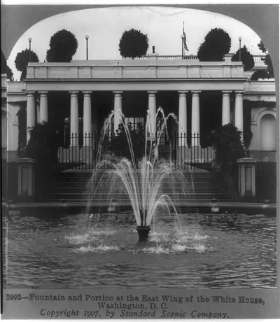 Fountain and portico at the East Wing of the White House, Washington, D.C.
