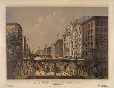 Proposed arcade railway--Under Broadway, view near Wall Street / Ferd. Mayer & Sons, lith., N.Y. ; Melville C. Smith, projector, N.Y.