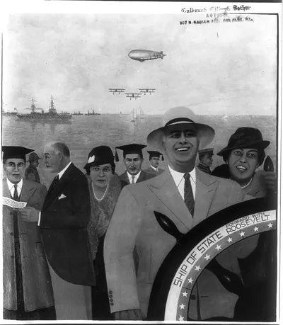 [F.D. Roosevelt at helm of Ship of State" - forward with Roosevelt"; Eleanor Roosevelt is beside him and ships and planes are in background. Prominent blacks?]"