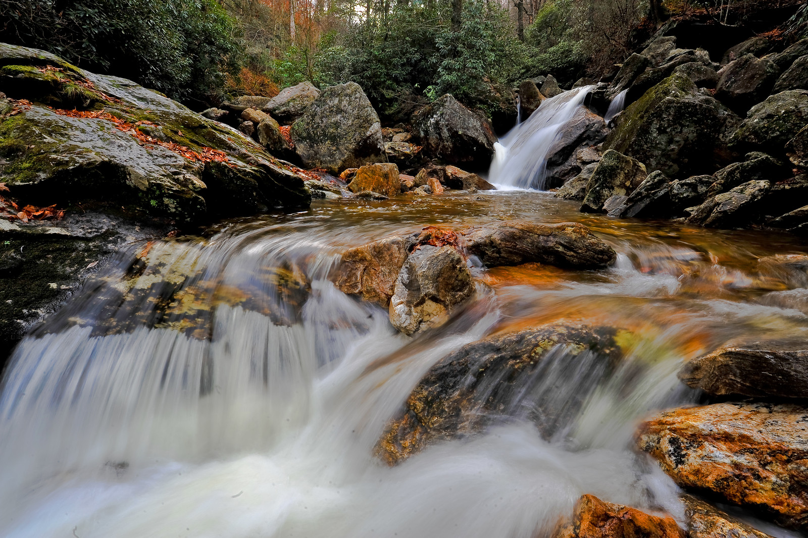 Waterfall cascading over rocks in a forest stream — historic image