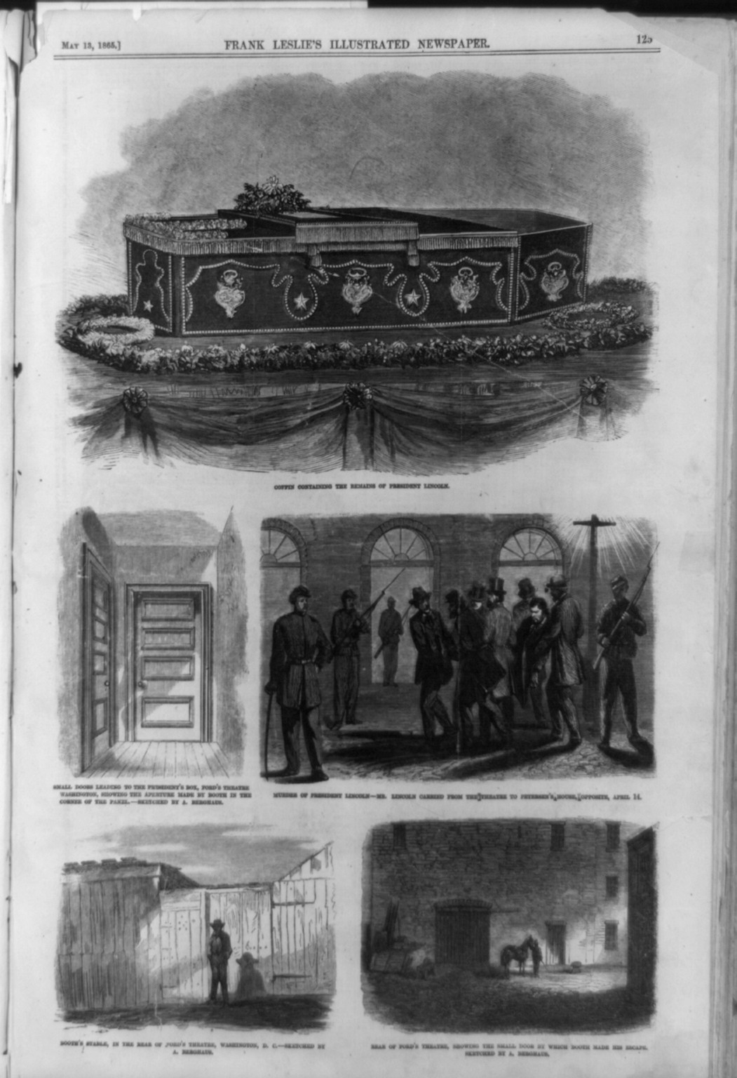 Coffin containing the remains of President Lincoln; Small doors leading to the President's box, Ford's theatre...; Murder of President Lincoln; Mr. Lincoln carried from the theatre to Petersen's house, opposite; Booth's stable ...; Rear of Ford's theatre ... showing door by which Booth made his escape, 1865 — antique engraving