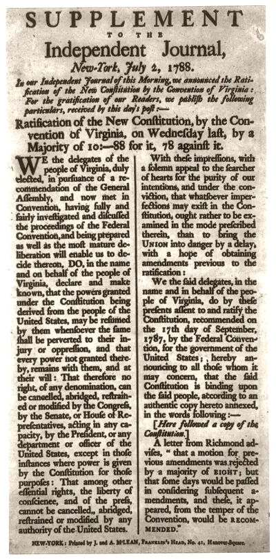 [Supplement ot the Independent Journal, New York, July 2, 1788. Ratification of New Constitution by the Convention of Virginia]