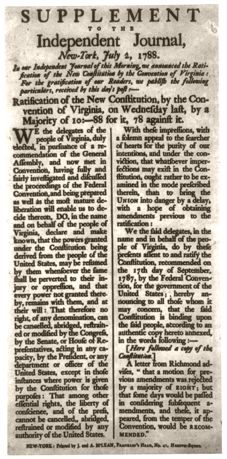 [Supplement ot the Independent Journal, New York, July 2, 1788. Ratification of New Constitution by the Convention of Virginia] — historic print