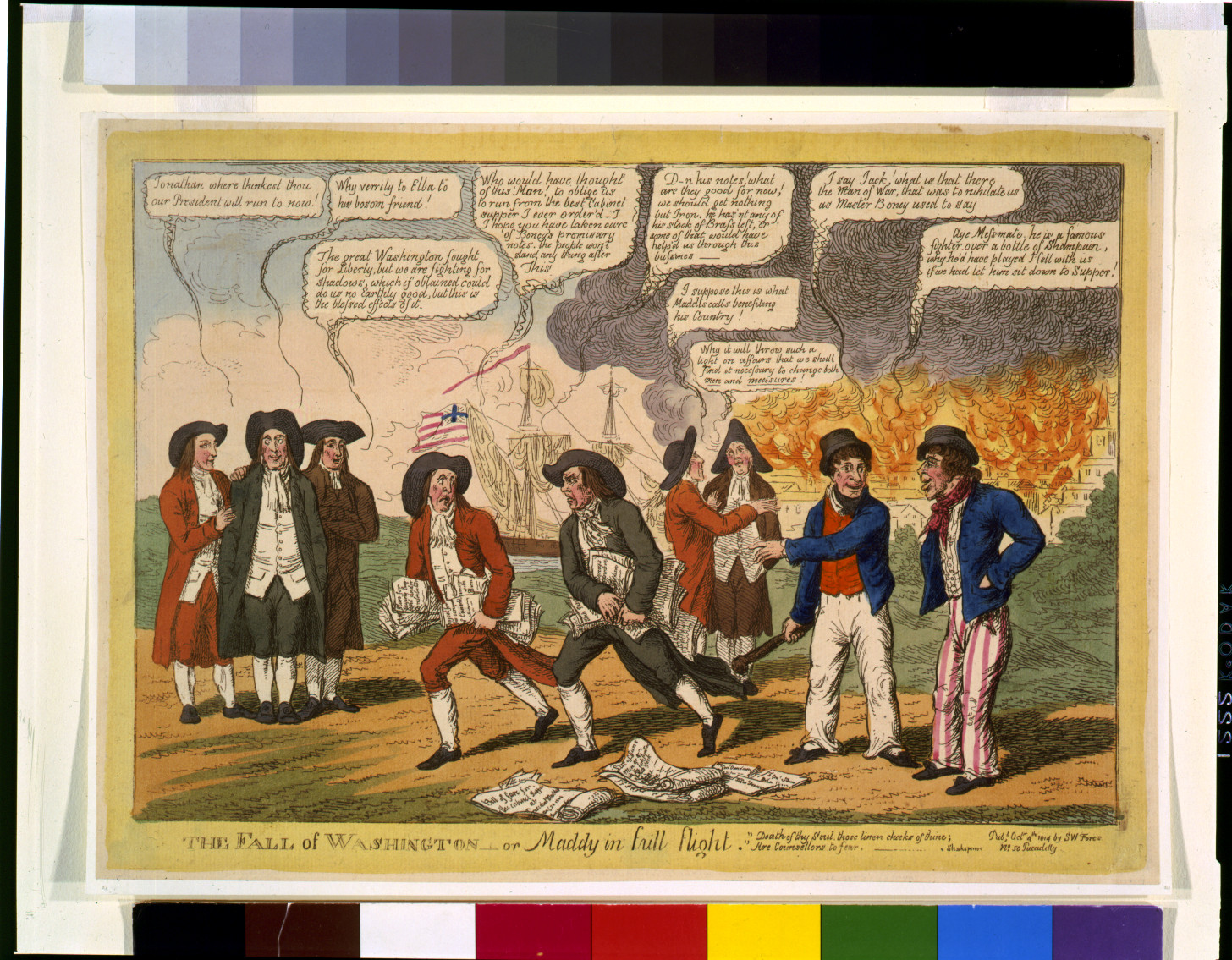 The fall of Washington--or Maddy in full flight, [London] : pubd. by S.W. Fores, 1814. — antique engraving