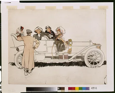 [Advertisment design study for Pierce Arrow automobiles showing man talking to three women and a man in car]