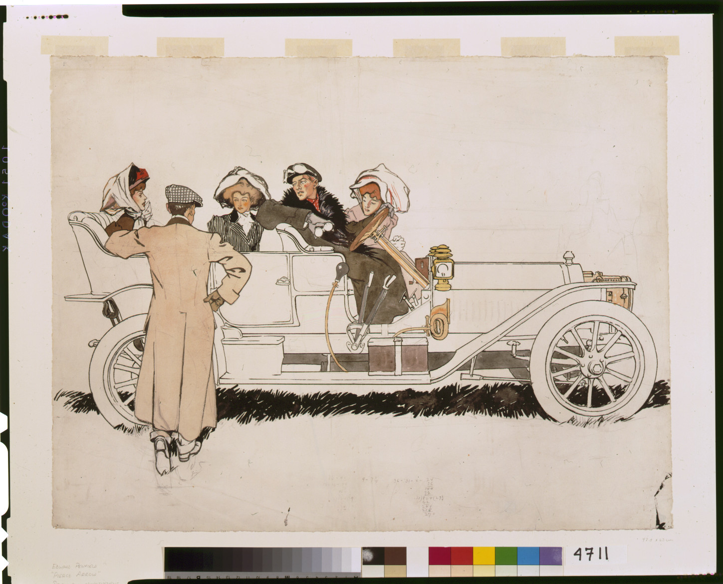 [Advertisment design study for Pierce Arrow automobiles showing man talking to three women and a man in car] — historic drawing