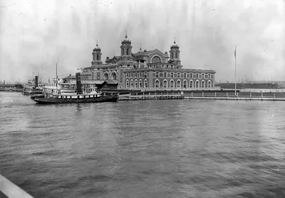 [View of Ellis Island, N.Y., looking across water toward immigration station]
