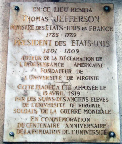 Memorial Plaque on the Champs-Élysées, Paris, France, Marking Where Jefferson Lived While he was Minister to France