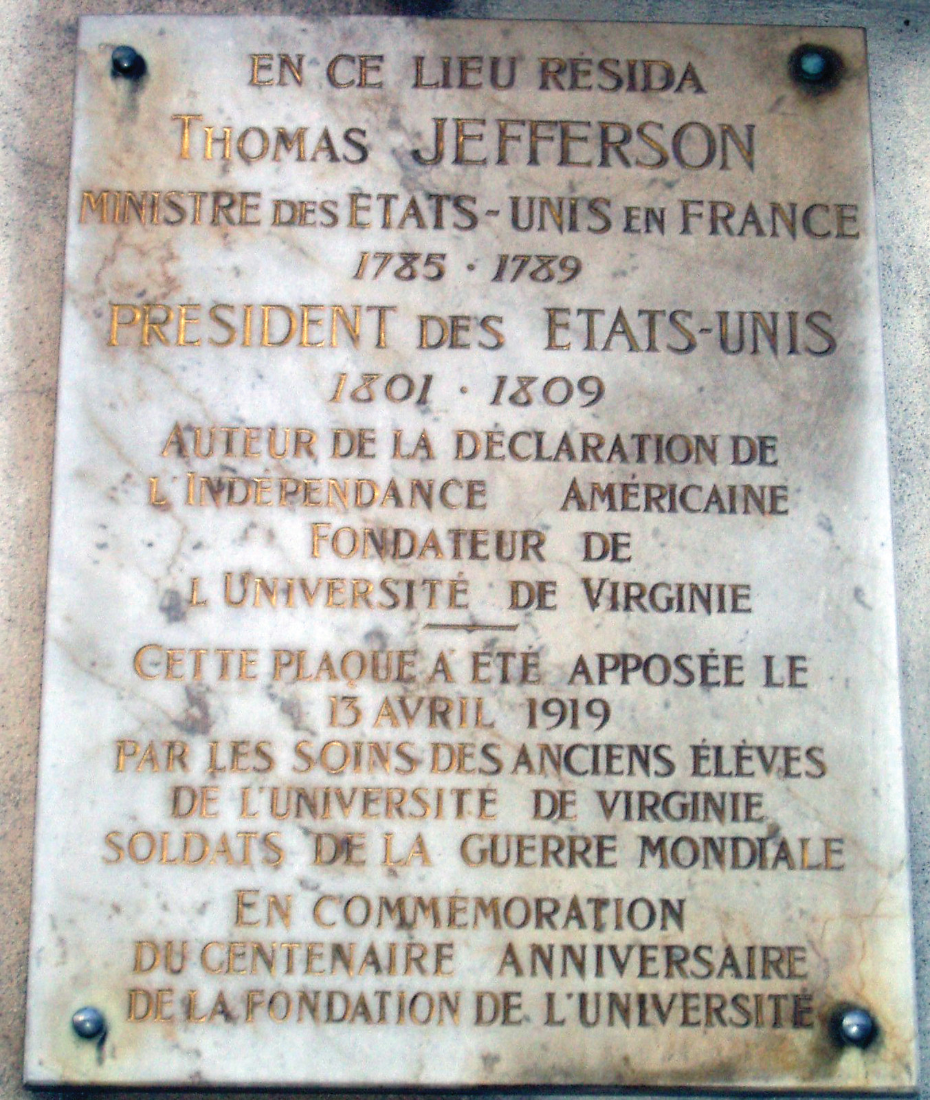 Memorial Plaque on the Champs-Élysées, Paris, France, Marking Where Jefferson Lived While he was Minister to France — historic image