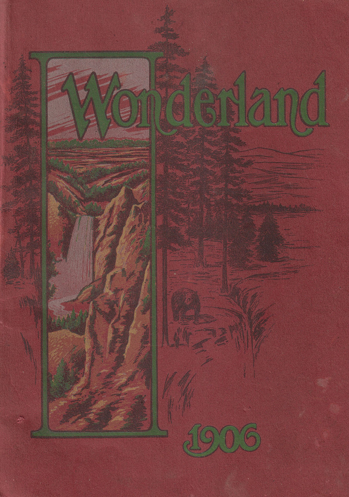 Wonderland 1906 booklet cover with waterfall, pines and bear — historic image