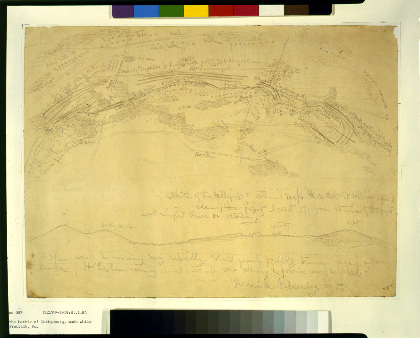 Sketch map of the battle of Gettysburg, made while on the march toward Frederick, Md. / E. Forbes., 1863 July 8. — antique map