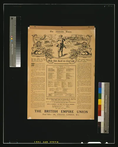Help him back to civil life. ... Don't delay, join to-day! The British Empire Union / Printed by John Parkinson Bland, at The Times Office, Printing-house-square, London, E.C.